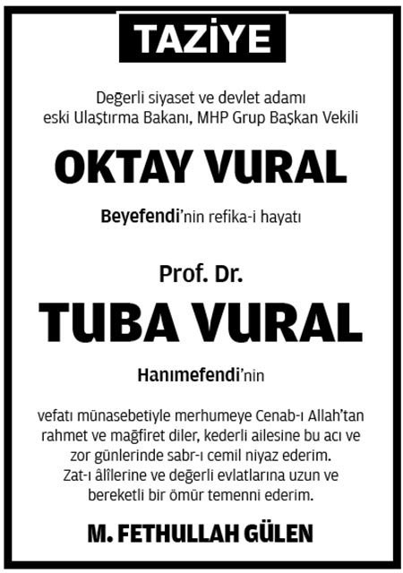 Fethullah Gülen Hocaefendi’den Oktay Vural’a taziye mesajı